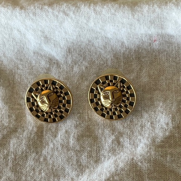 Laurel Burch Cat Face Checkered Background Circular Post & Clutch Vintage - Picture 8 of 8